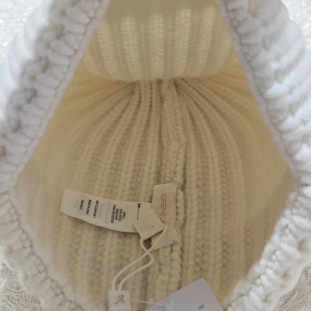 Adrienne Landau Hat Beanie Whisper White Knit Wool Faux Fur Pom Pom Cottagcore